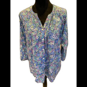 St John’s Bay Top Blue Floral Blouse XL Boho Peasant V Neck Flowy Casual Comfy